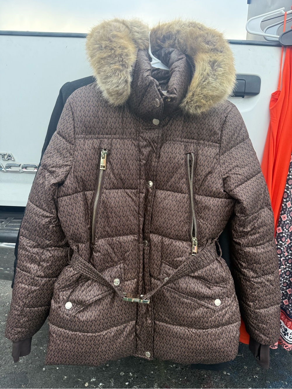 Michael Kors Brown Quilted Puffer Jacket with Faux Fur Hood